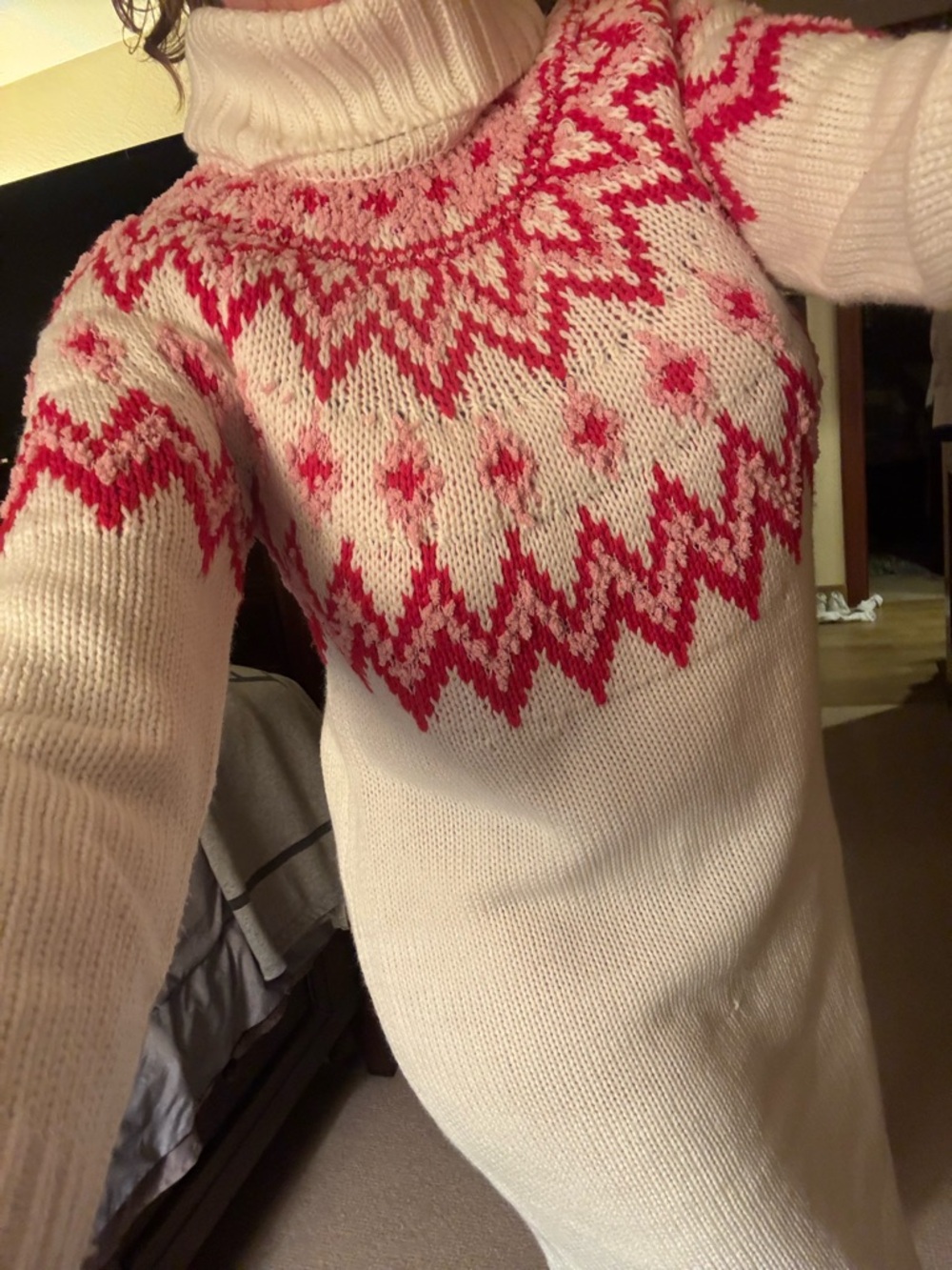 Francesca's Collections Cream Turtleneck Sweater Dress with Pink Fair Isle Yoke